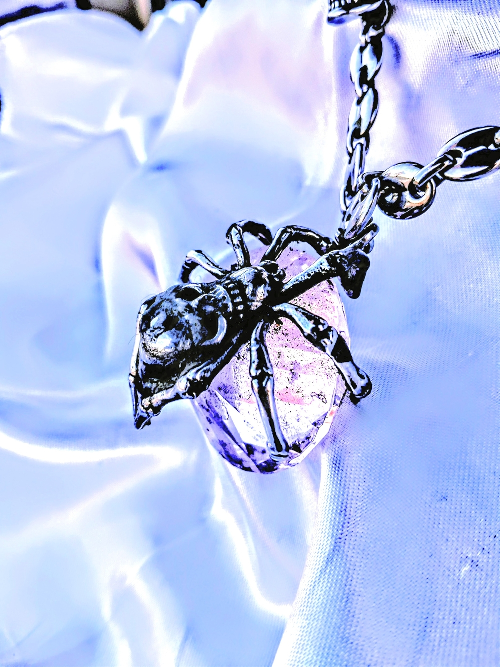 Stainless Steel Spyder Crystal" "Pendant Necklace with Pale Pink Crystal